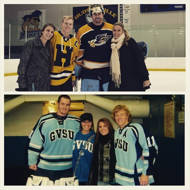Two rink photos with family and teammates, in Hudsonville and Grand Valley State jerseys